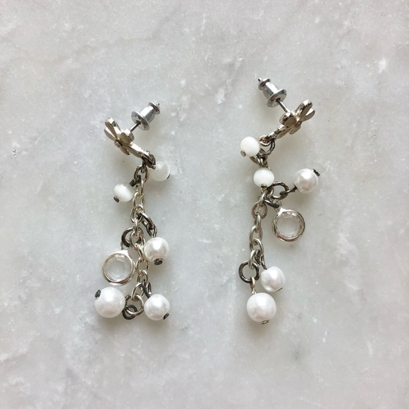 Vintage Jewelry - Flower Pearl and Diamond Dangling Earrings